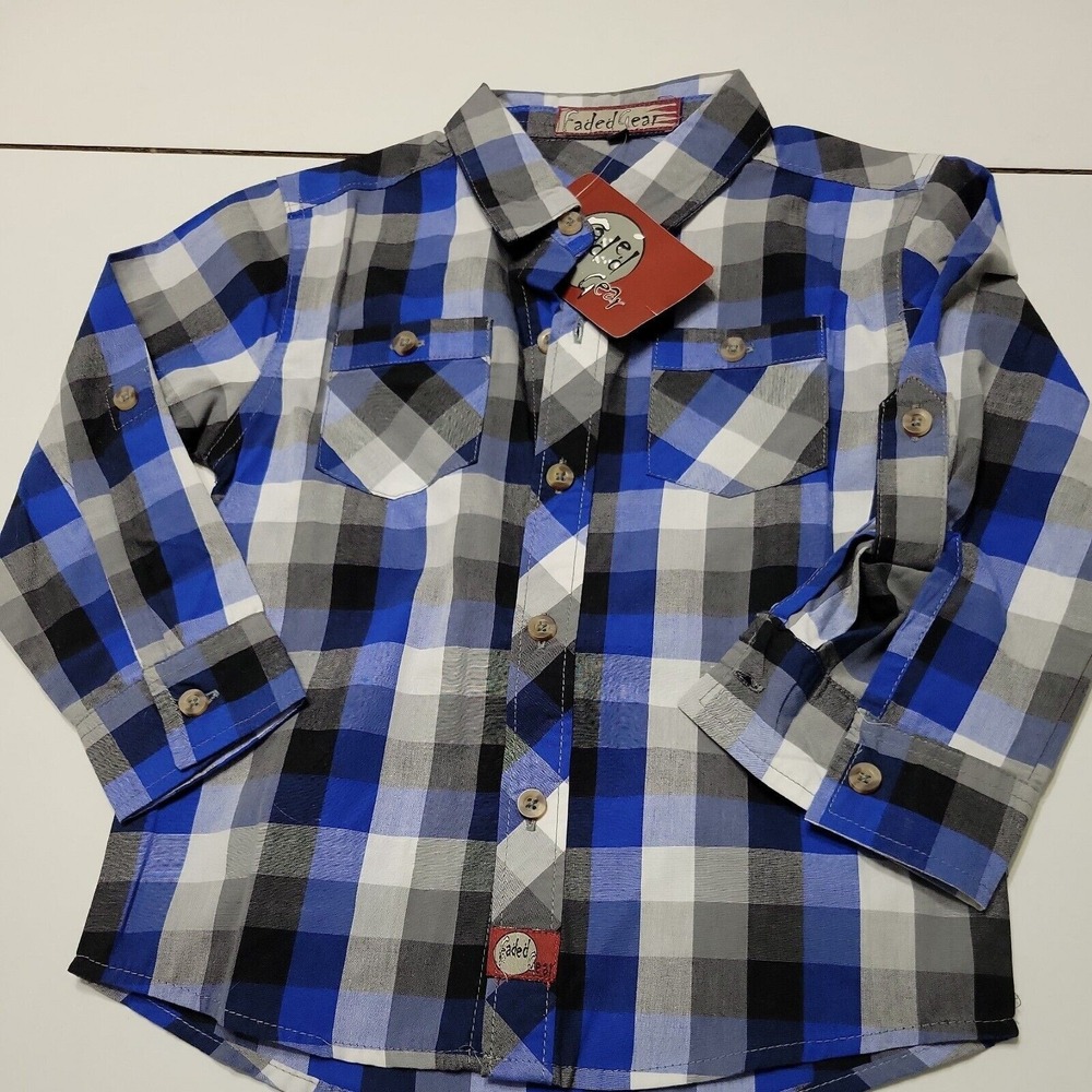 New Faded Gear Top Boys 4t Button Up Shirt Blue Pockets Long Roll Tab Sleeve Tee